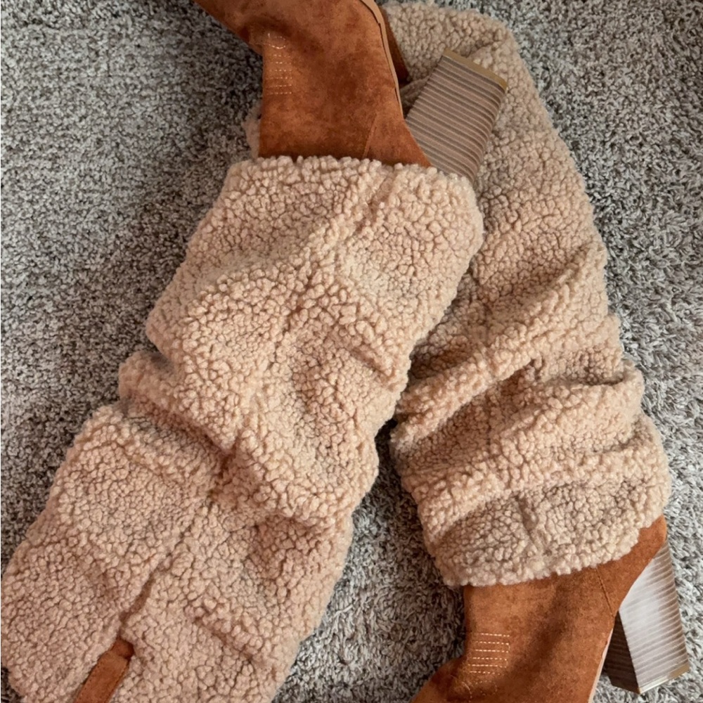Tan Shearling Knee-High Boots